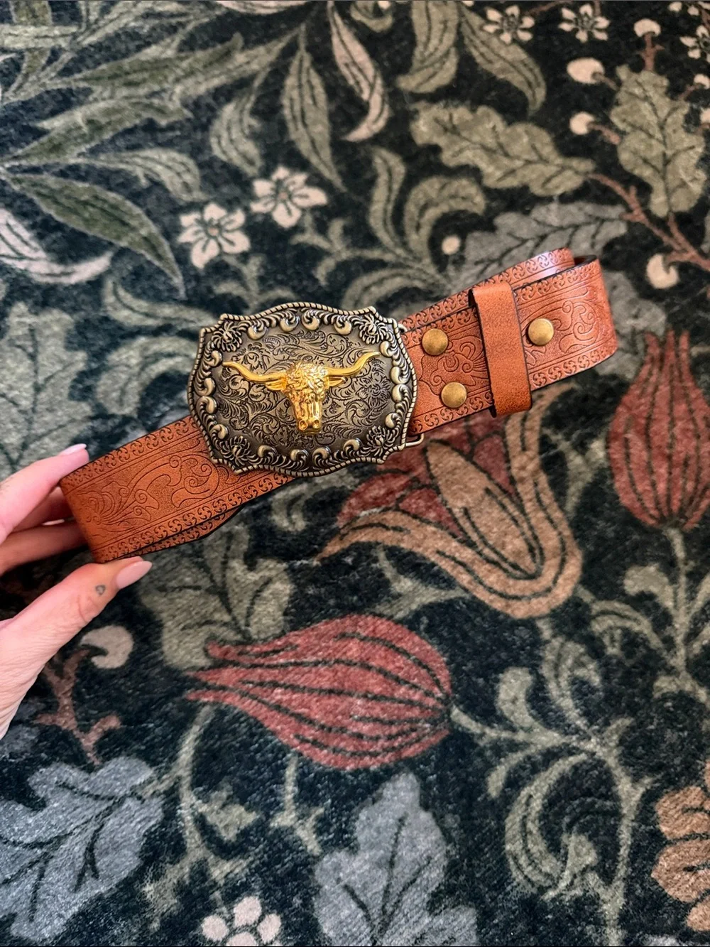 Brown Tooled Leather Kids Western Belt with Gold Longhorn Buckle